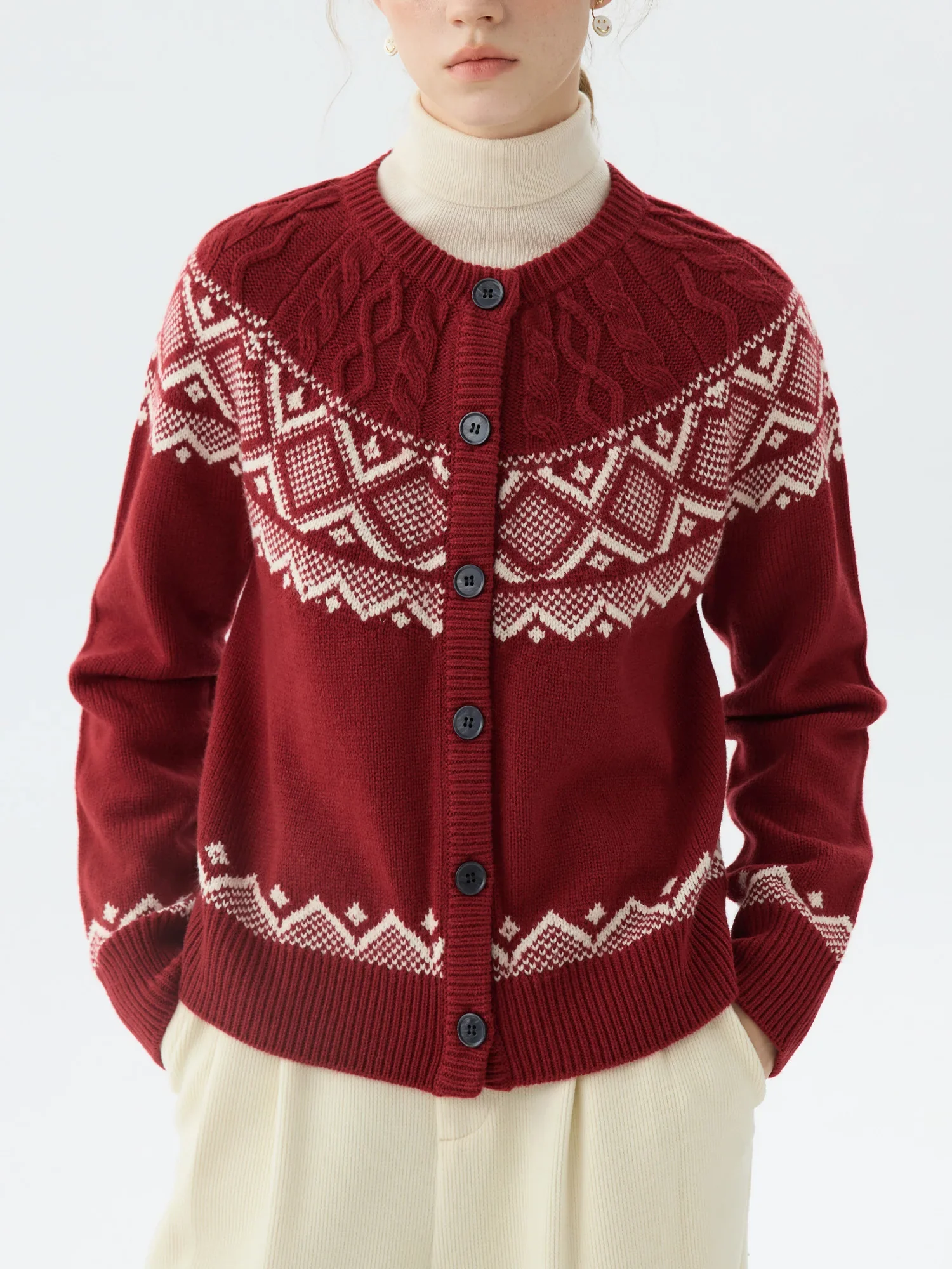 Cable Knit Red Wool Pullover Cardigan - Image 2