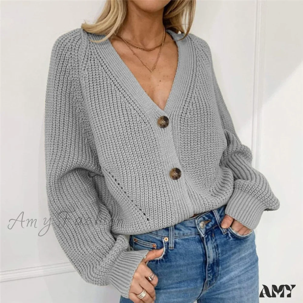 Amy Fashion - Cardigan Ladies V-neck Long Sleeve Sweater - Image 3