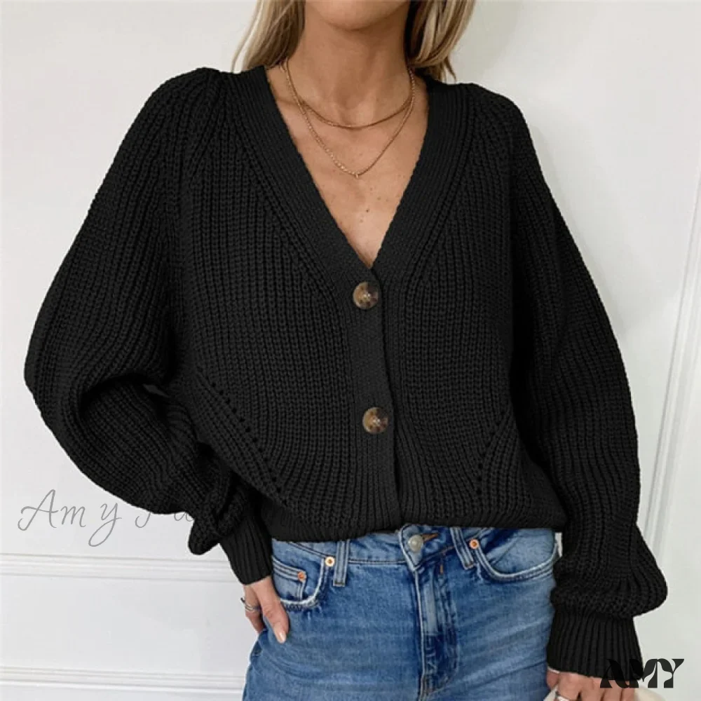 Amy Fashion - Cardigan Ladies V-neck Long Sleeve Sweater - Image 4
