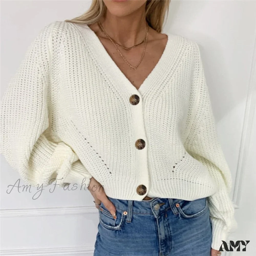 Amy Fashion - Cardigan Ladies V-neck Long Sleeve Sweater - Image 6