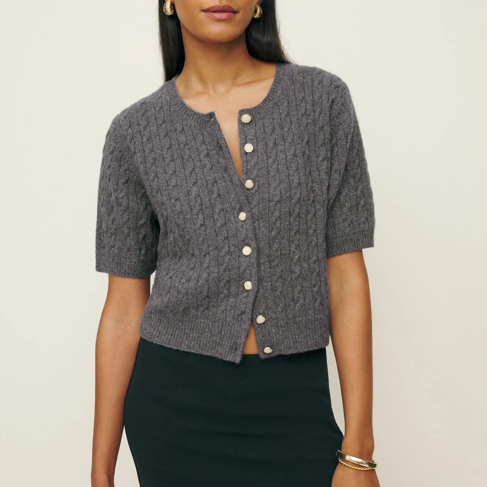 Cashmere Button Down Short Sleeve Cardigan - Image 2