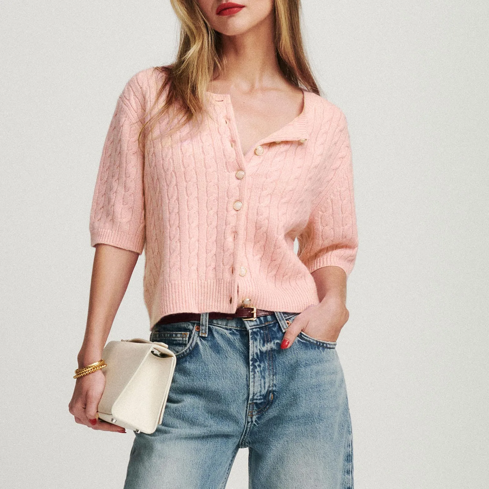 Cashmere Button Down Short Sleeve Cardigan - Image 5