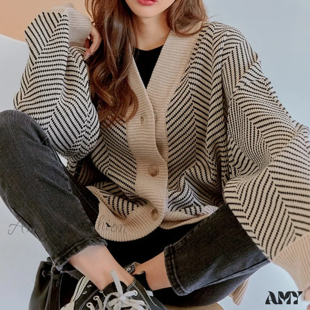 Amy Fashion - Casual Knitted Cardigan Oversize Button Front Contrast Stripe Cardigan - Image 2