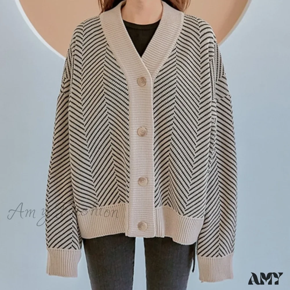 Amy Fashion - Casual Knitted Cardigan Oversize Button Front Contrast Stripe Cardigan - Image 3