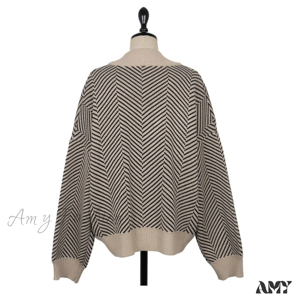 Amy Fashion - Casual Knitted Cardigan Oversize Button Front Contrast Stripe Cardigan - Image 5