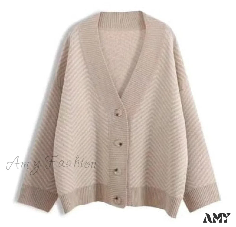 Amy Fashion - Casual Knitted Cardigan Oversize Button Front Contrast Stripe Cardigan - Image 8