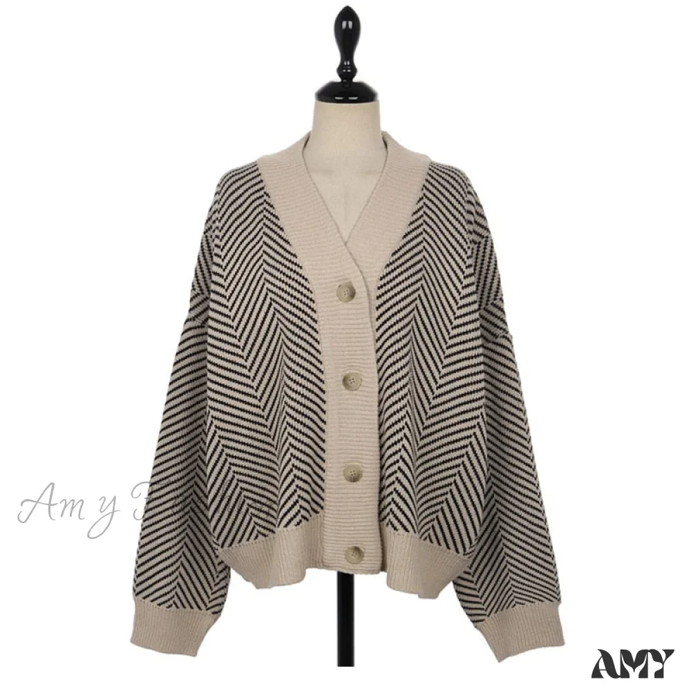 Amy Fashion - Casual Knitted Cardigan Oversize Button Front Contrast Stripe Cardigan - Image 9