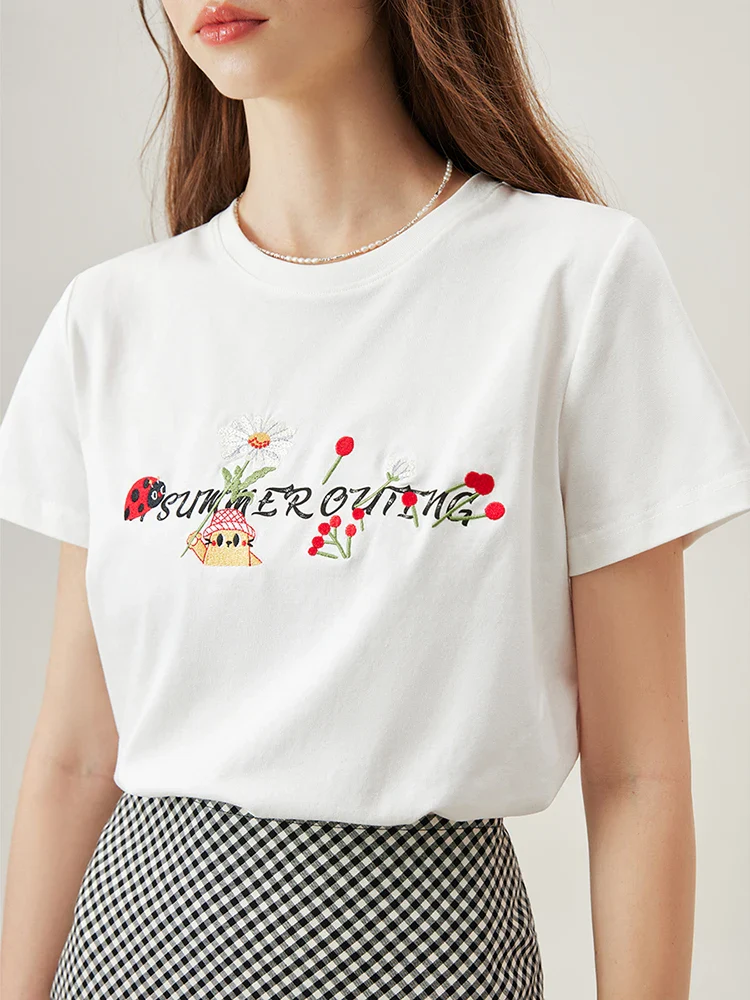 Casual Letter Embroidery White T-shirt - Image 3