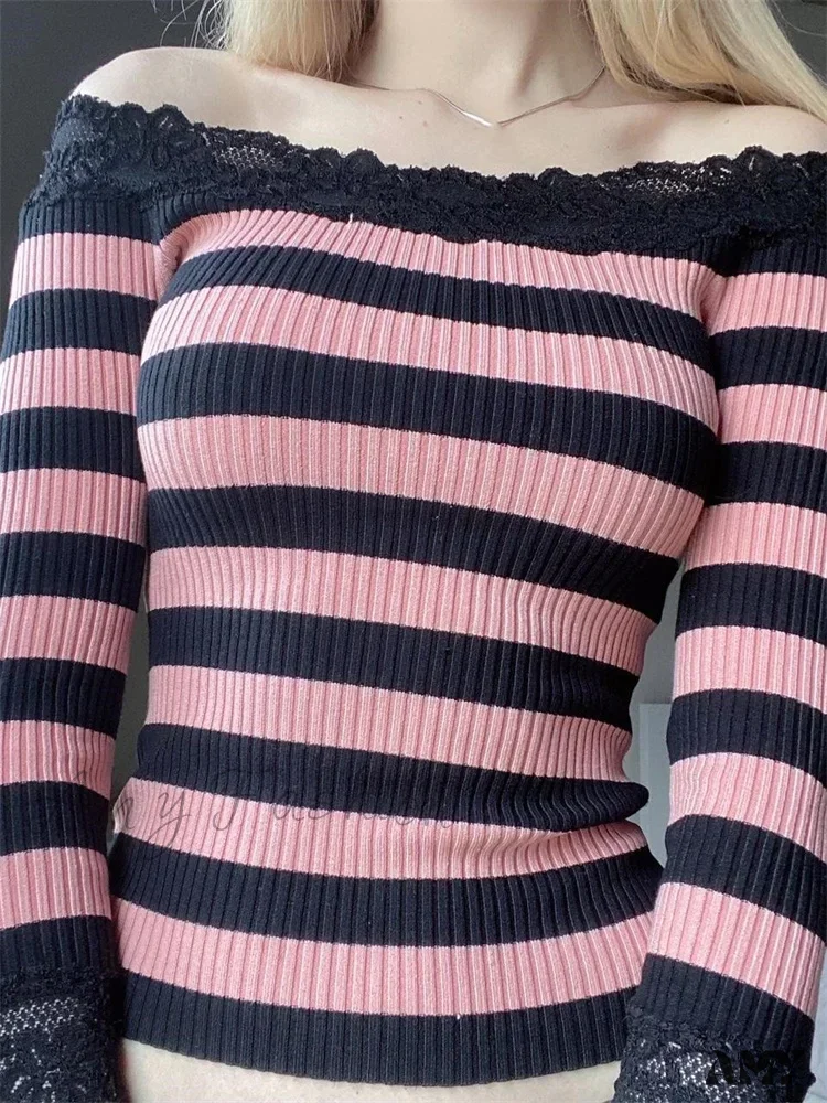 Amy Fashion - Casual Long Sleeve Retro Striped Off-Shoulder T-Shirts - Image 4