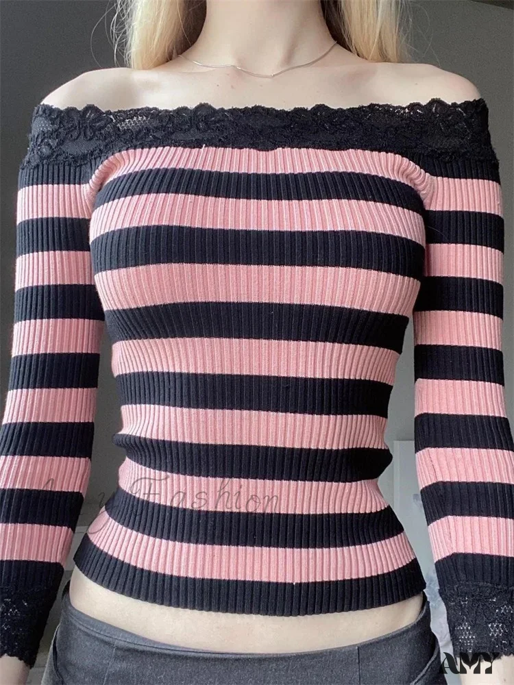 Amy Fashion - Casual Long Sleeve Retro Striped Off-Shoulder T-Shirts - Image 6