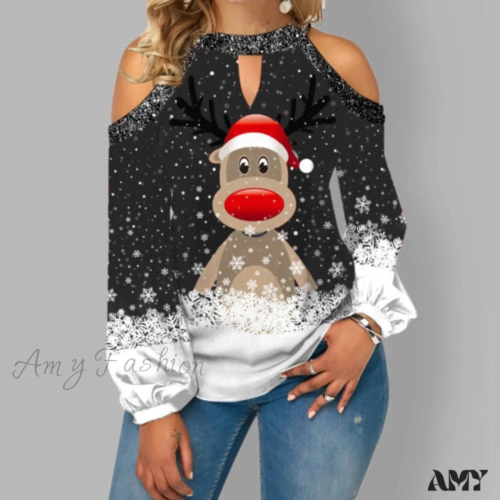 Amy Fashion - Christmas Casual Off Shoulder Printed Cute Top - Image 3