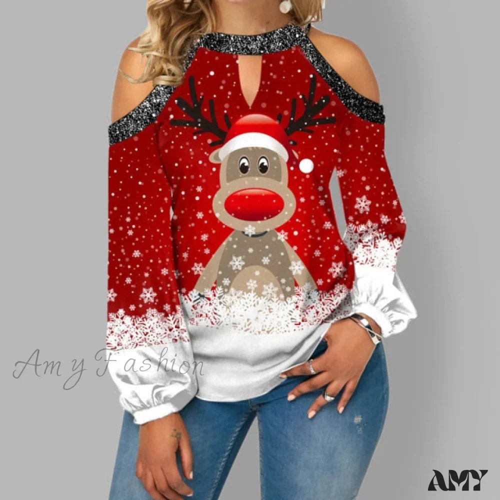 Amy Fashion - Christmas Casual Off Shoulder Printed Cute Top - Image 4