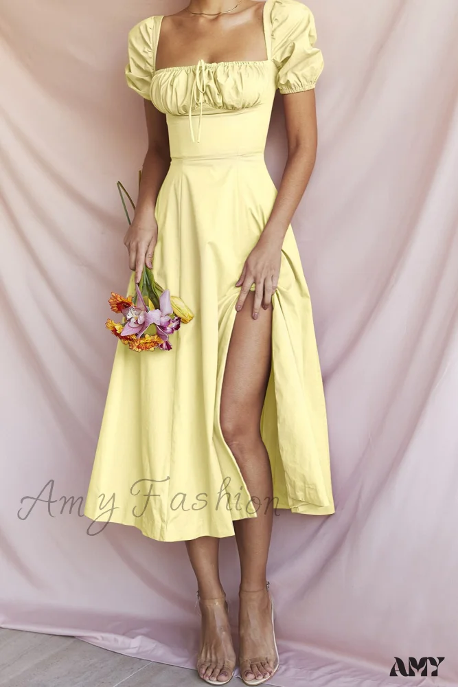 Amy Fashion - Casual Print Square Neck Puff Sleeve Dress - Image 19