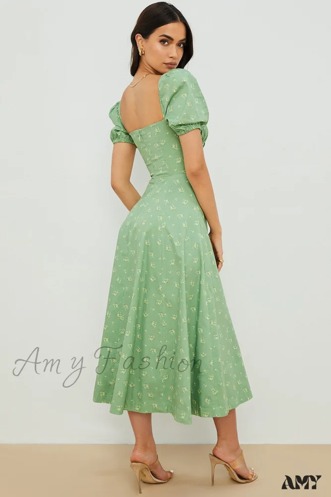 Amy Fashion - Casual Print Square Neck Puff Sleeve Dress - Image 4