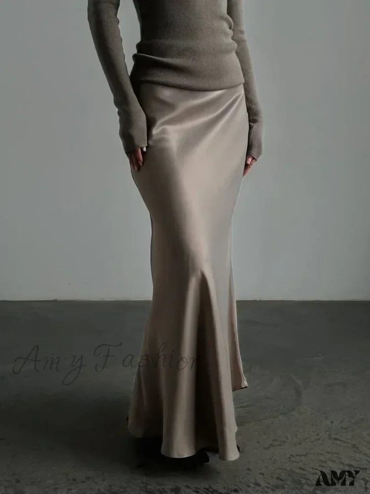 Casual Satin Loose High Waist Maxi Elegant Simple Silk Fishtail Skirt - Image 5
