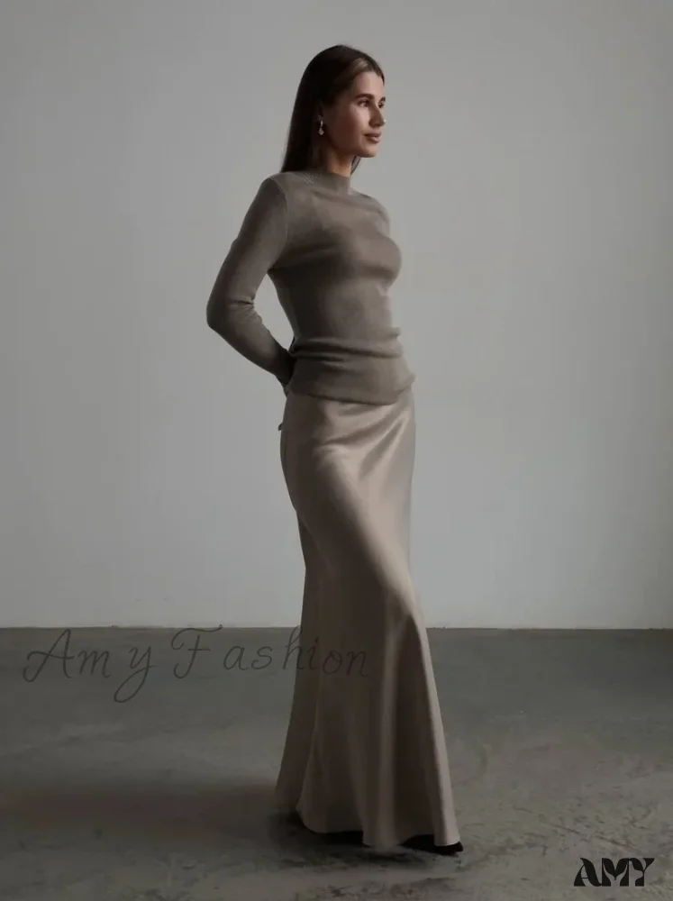 Casual Satin Loose High Waist Maxi Elegant Simple Silk Fishtail Skirt - Image 7