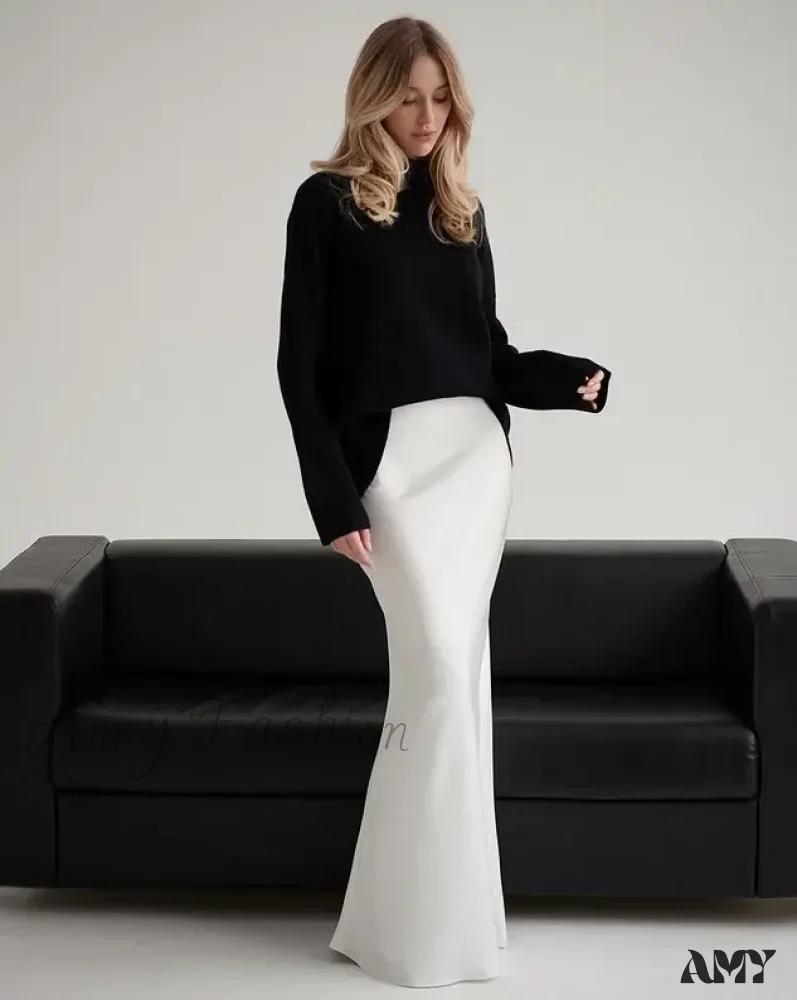 Casual Satin Loose High Waist Maxi Elegant Simple Silk Fishtail Skirt - Image 8