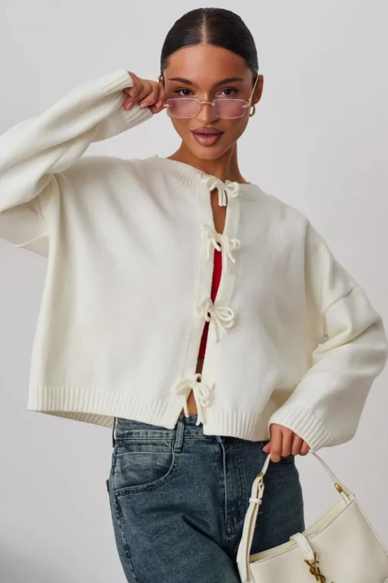 Casual Solid Loose Tie Waist Knit Cardigan - Image 2