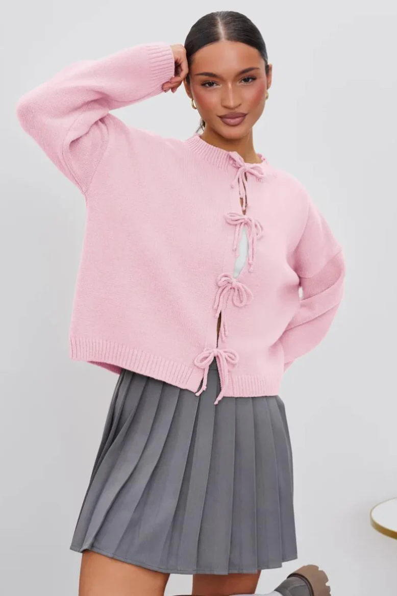 Casual Solid Loose Tie Waist Knit Cardigan - Image 3