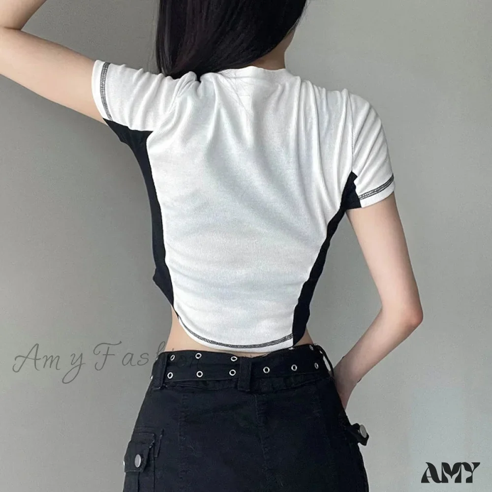 Casual Stitched Zipper Y2k Aesthetic Knitted Short Sleeve Letter Print Harajuku Crop Top - Image 5