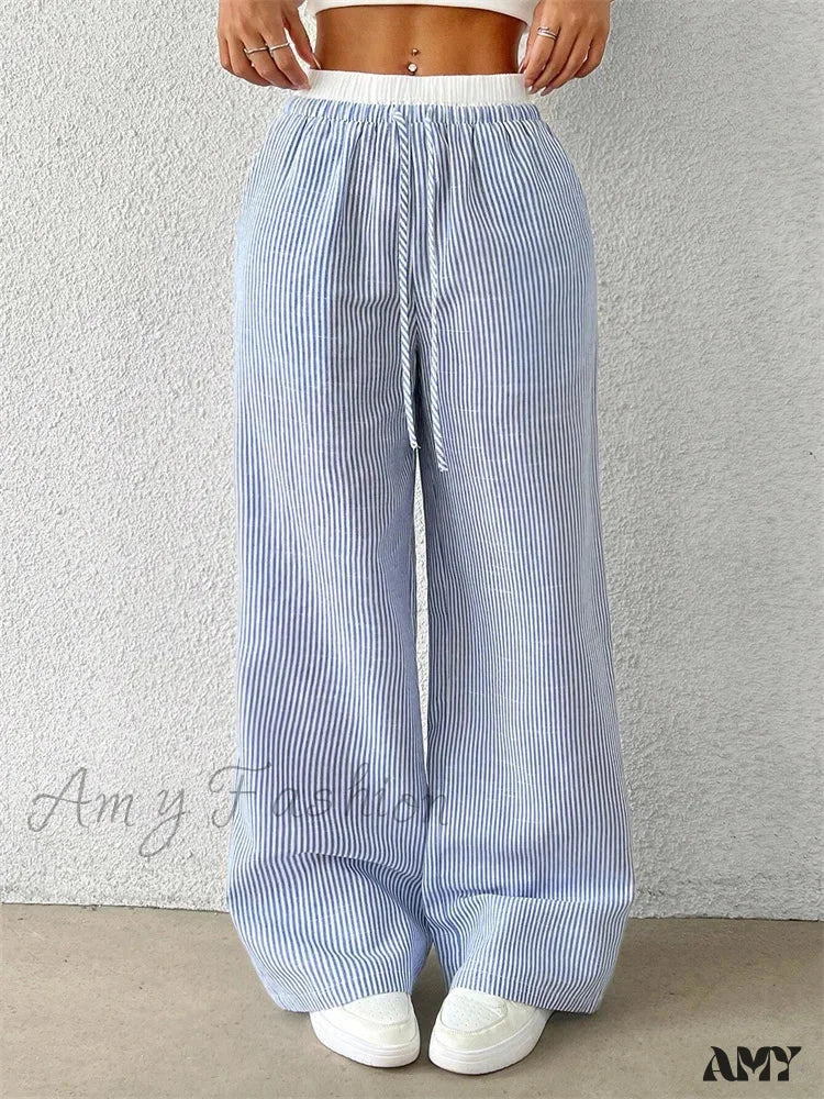 Casual Striped Woven Wide Fall Winter Stylish Full Length Y2K Trouser - Image 3