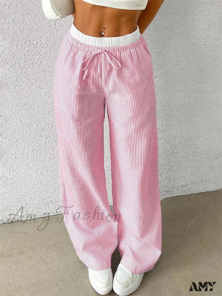 Casual Striped Woven Wide Fall Winter Stylish Full Length Y2K Trouser - Image 4