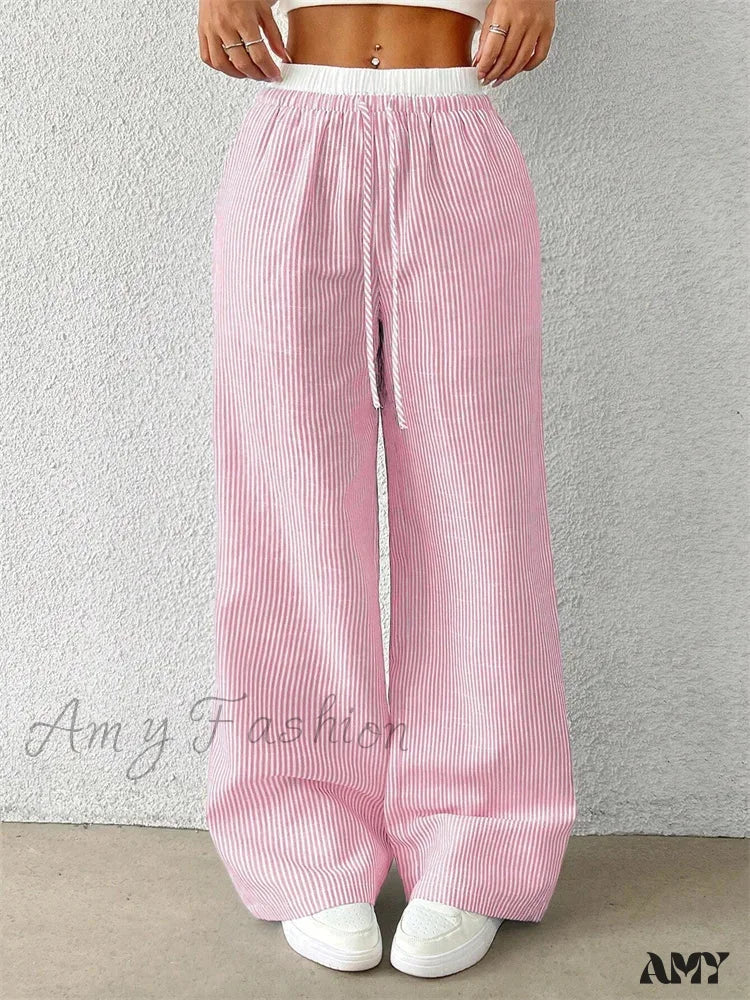Casual Striped Woven Wide Fall Winter Stylish Full Length Y2K Trouser - Image 6