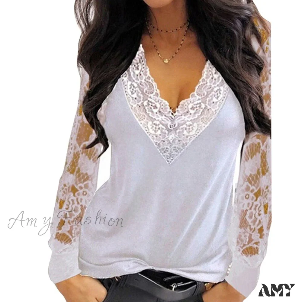 Amy Fashion - Casual V-neck Lace Long Sleeve Sexy Solid Color Shirt - Image 14