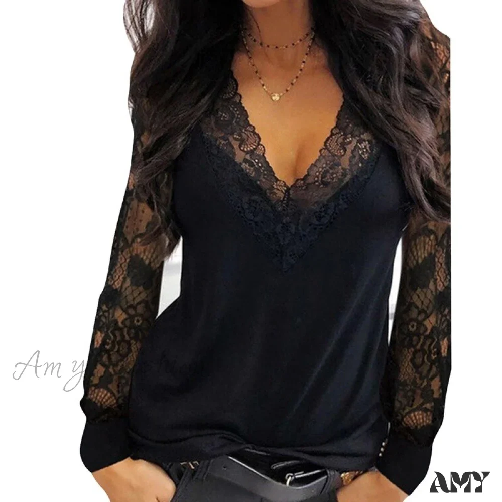 Amy Fashion - Casual V-neck Lace Long Sleeve Sexy Solid Color Shirt - Image 15