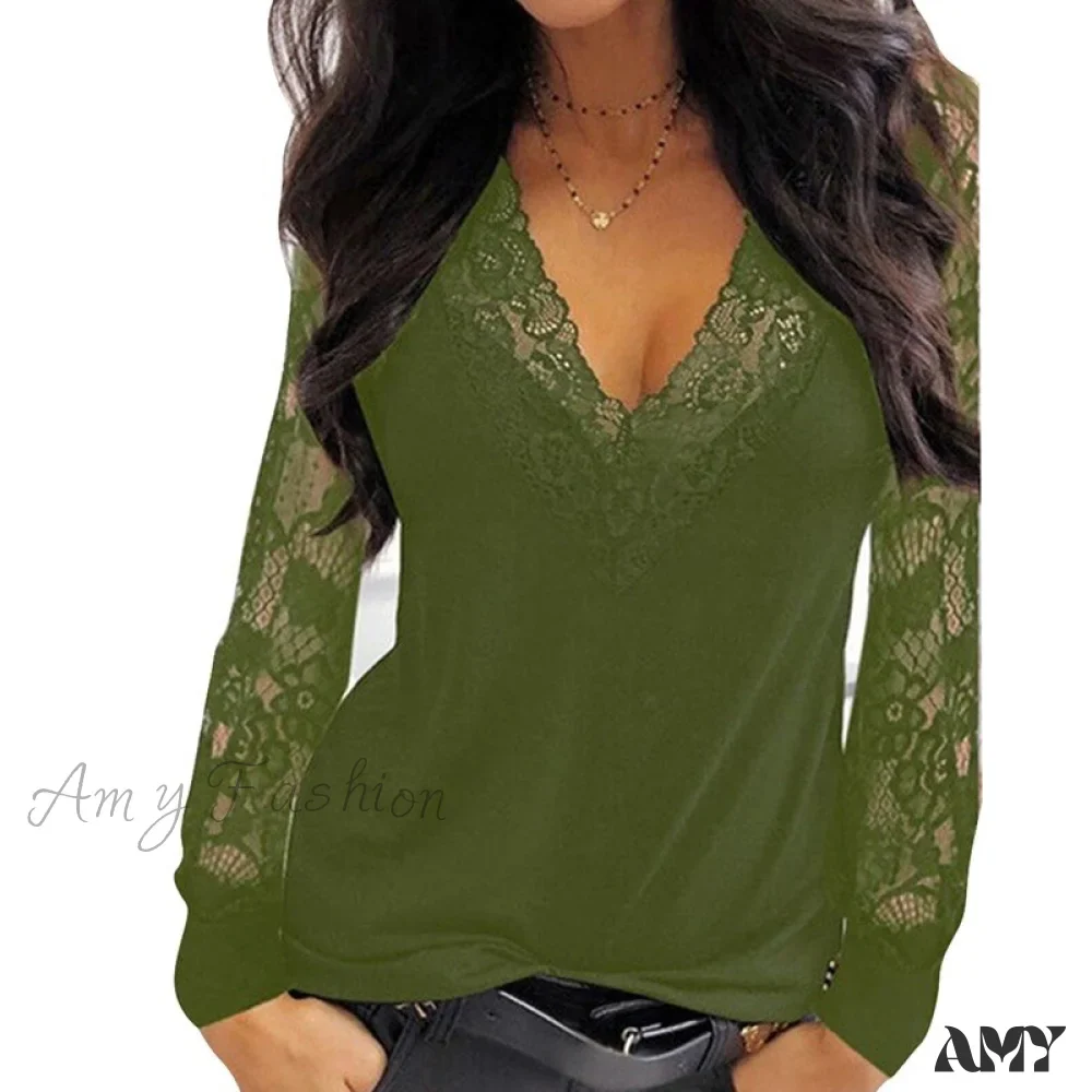 Amy Fashion - Casual V-neck Lace Long Sleeve Sexy Solid Color Shirt - Image 16