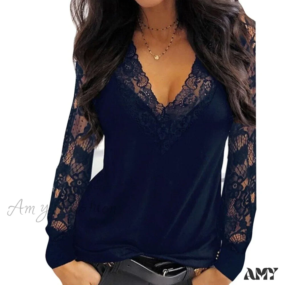 Amy Fashion - Casual V-neck Lace Long Sleeve Sexy Solid Color Shirt - Image 17
