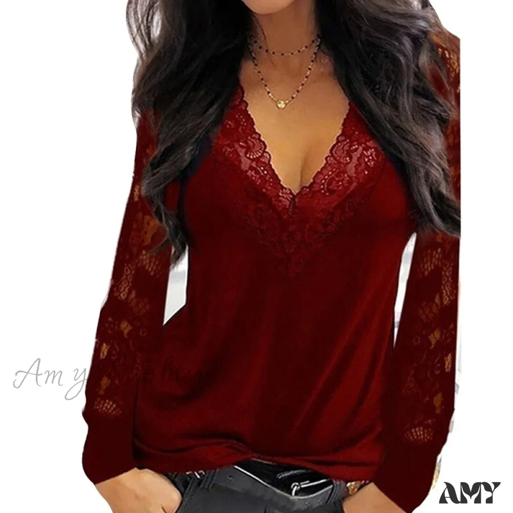 Amy Fashion - Casual V-neck Lace Long Sleeve Sexy Solid Color Shirt - Image 18