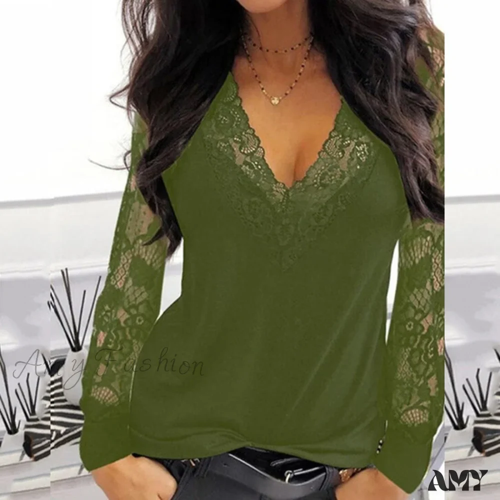Amy Fashion - Casual V-neck Lace Long Sleeve Sexy Solid Color Shirt - Image 3