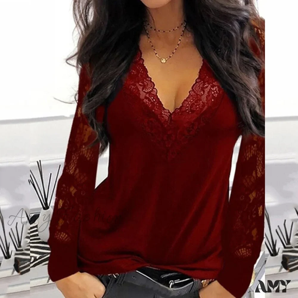 Amy Fashion - Casual V-neck Lace Long Sleeve Sexy Solid Color Shirt - Image 5