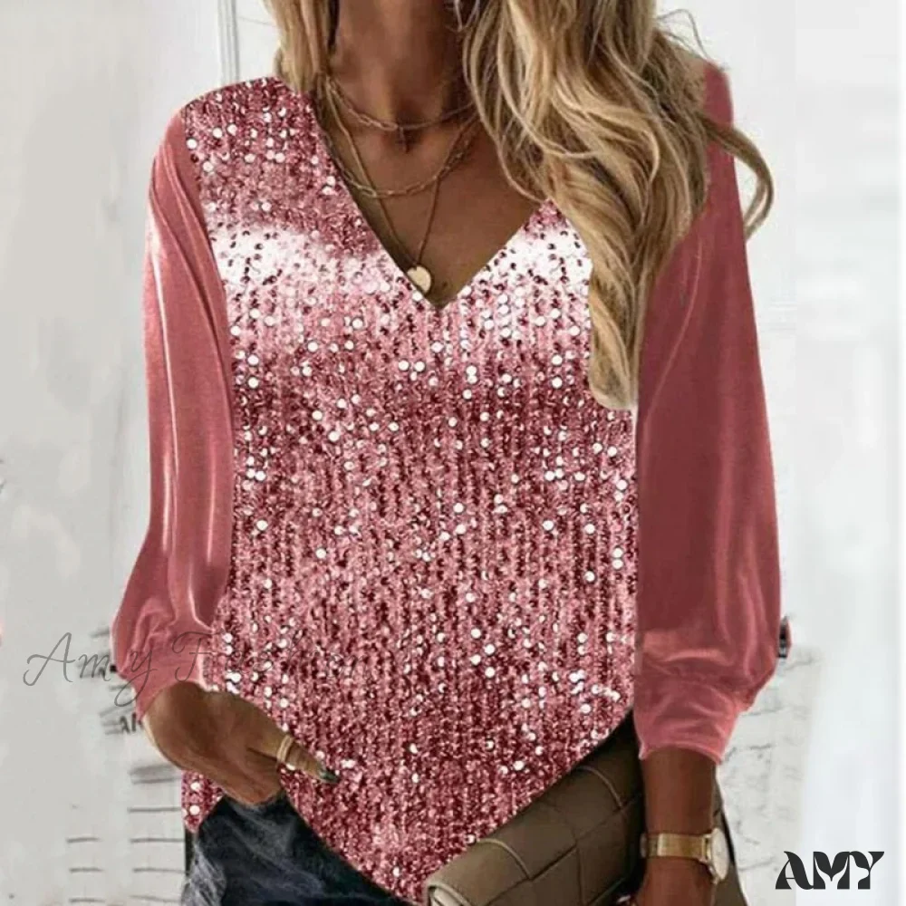 Amy Fashion - Casual V-neck Shiny Sequin Patchwork Loose Party Club Pullover - Image 3
