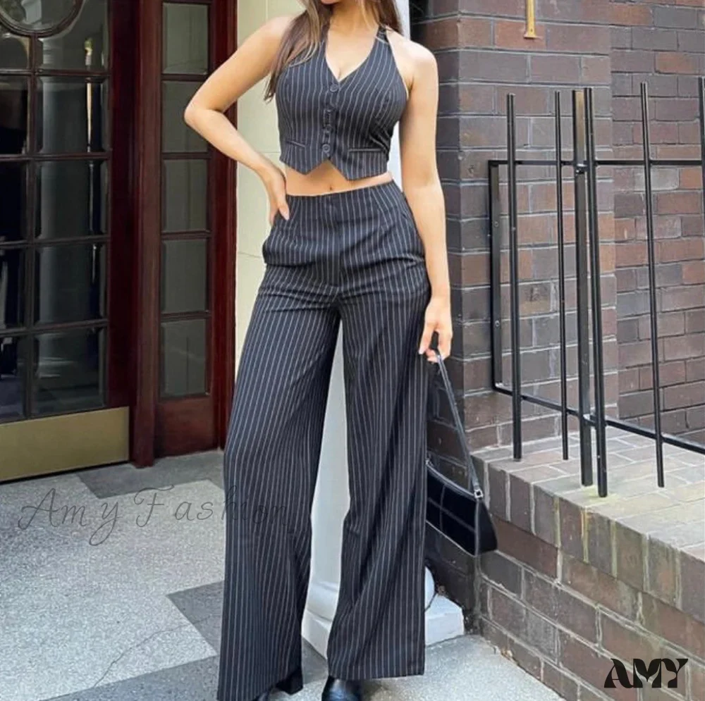 Chic Loose Striped Waistcoat Bell-Bottoms Suit - Image 3