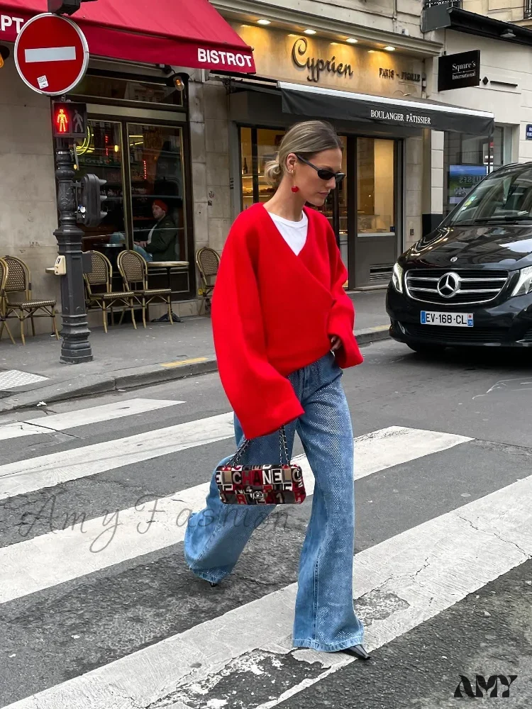 Chic Retro V-neck Loose Long Sleeve Casual Knitted Autumn Sweater - Image 2