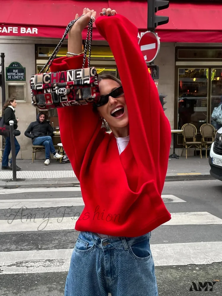 Chic Retro V-neck Loose Long Sleeve Casual Knitted Autumn Sweater - Image 3