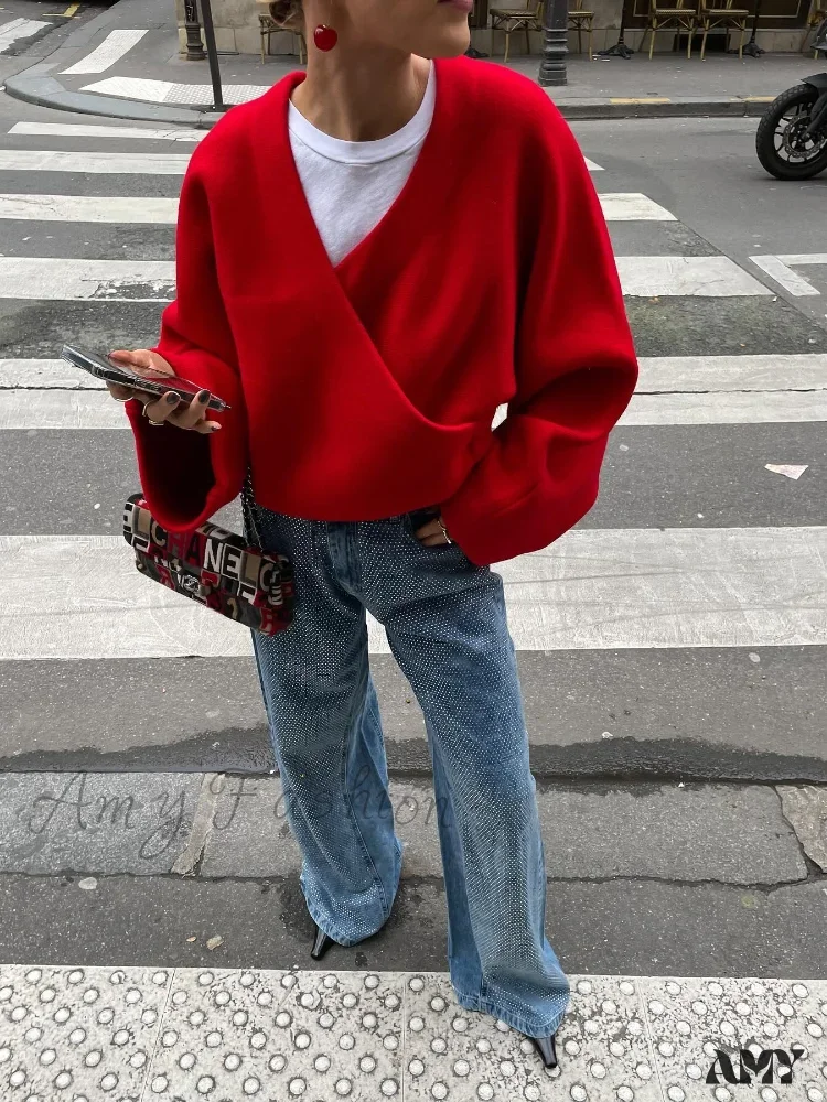 Chic Retro V-neck Loose Long Sleeve Casual Knitted Autumn Sweater - Image 4