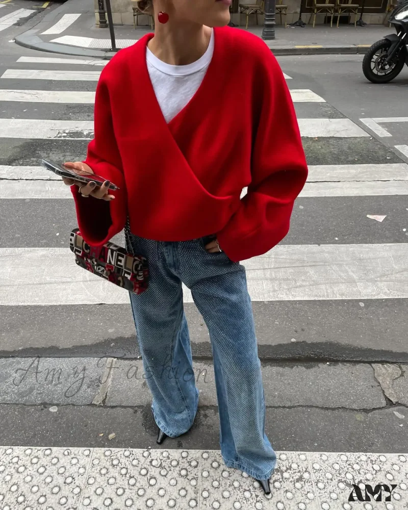 Chic Retro V-neck Loose Long Sleeve Casual Knitted Autumn Sweater - Image 7