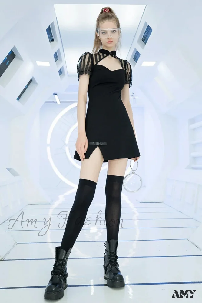 Chinese Silk Fan Punk Puff Sleeve Short High Waist Sexy V-neck Thick Summer Gothic Dress - Image 4