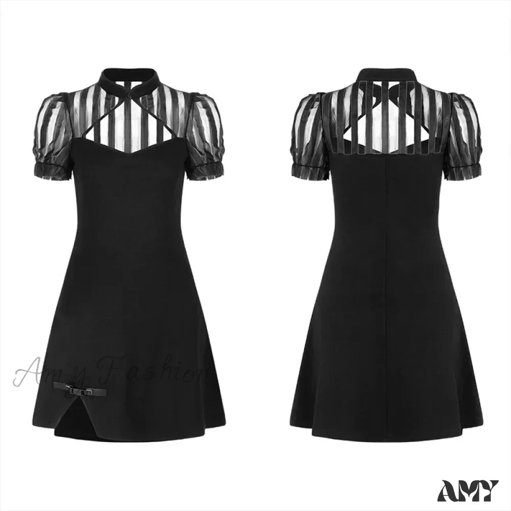 Chinese Silk Fan Punk Puff Sleeve Short High Waist Sexy V-neck Thick Summer Gothic Dress - Image 5