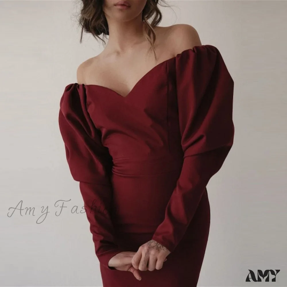 Amy Fashion - Churses Sexy Puff Sleeve Off The Shoulder Bodycon Dress - Image 11