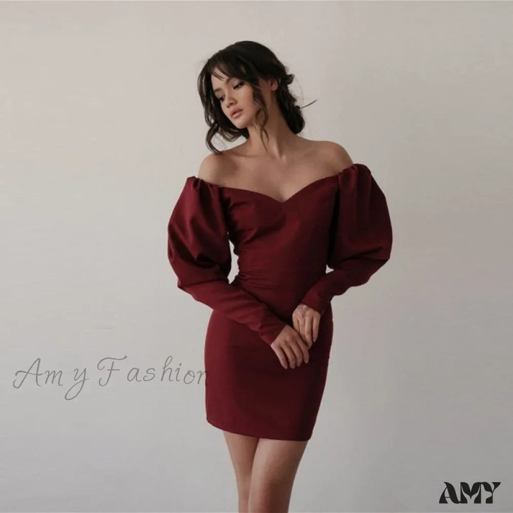 Amy Fashion - Churses Sexy Puff Sleeve Off The Shoulder Bodycon Dress - Image 12