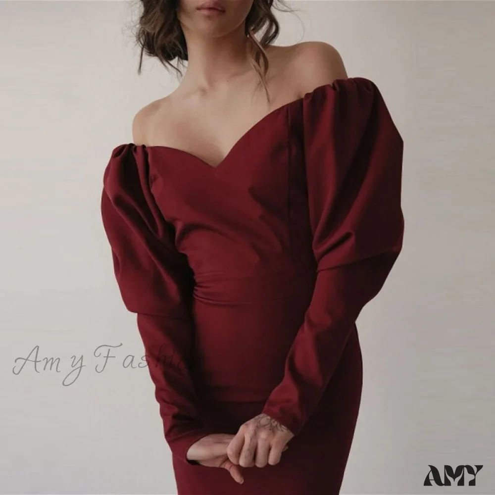 Amy Fashion - Churses Sexy Puff Sleeve Off The Shoulder Bodycon Dress - Image 16