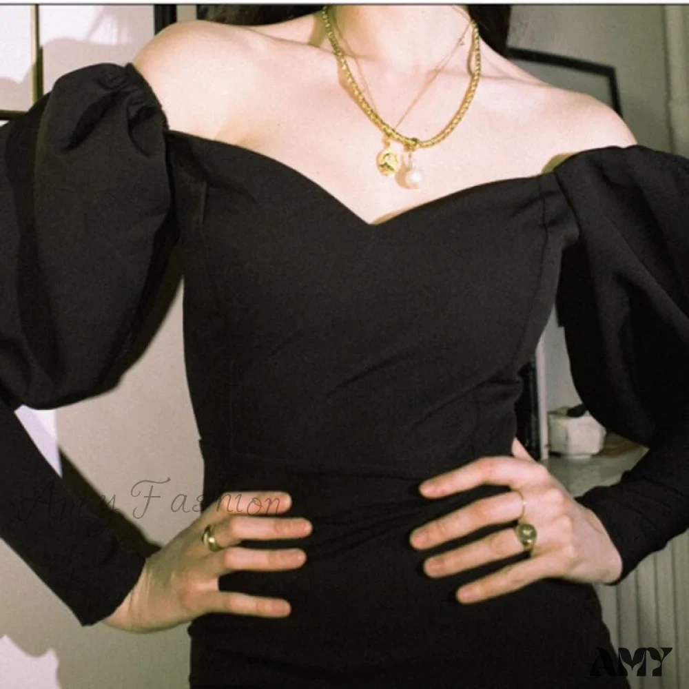 Amy Fashion - Churses Sexy Puff Sleeve Off The Shoulder Bodycon Dress - Image 4