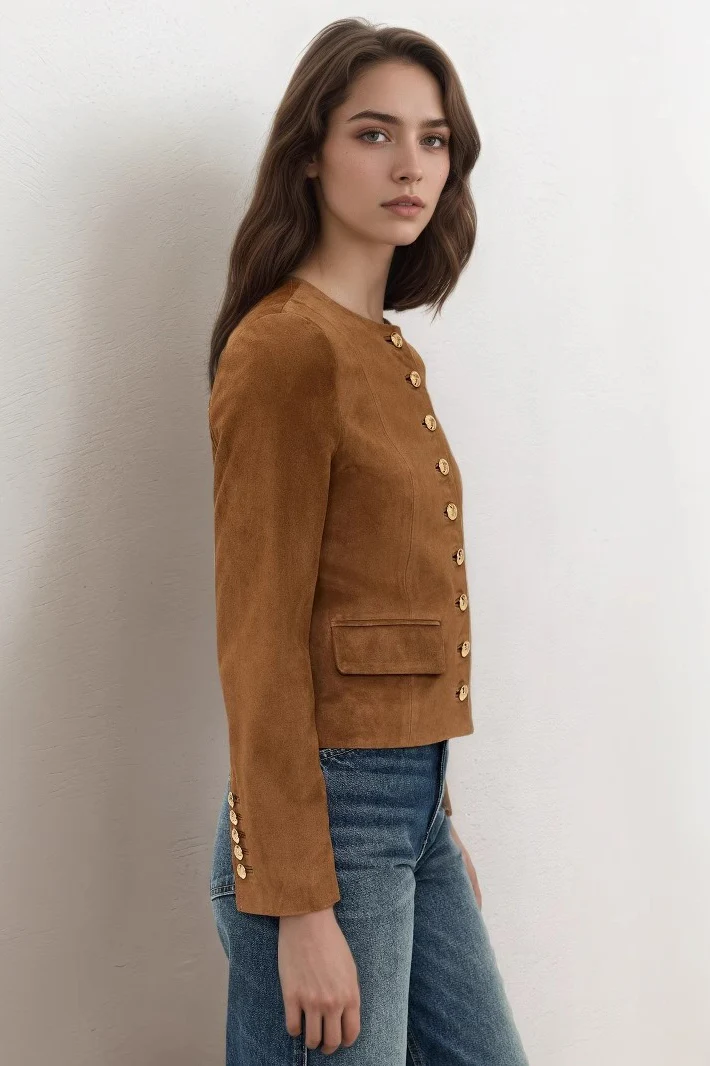 Classic Metallic Button Suede Short Jacket - Image 3