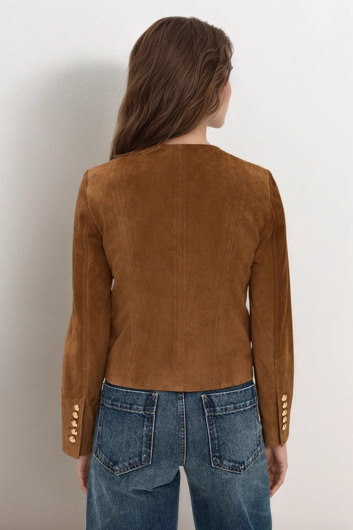 Classic Metallic Button Suede Short Jacket - Image 4