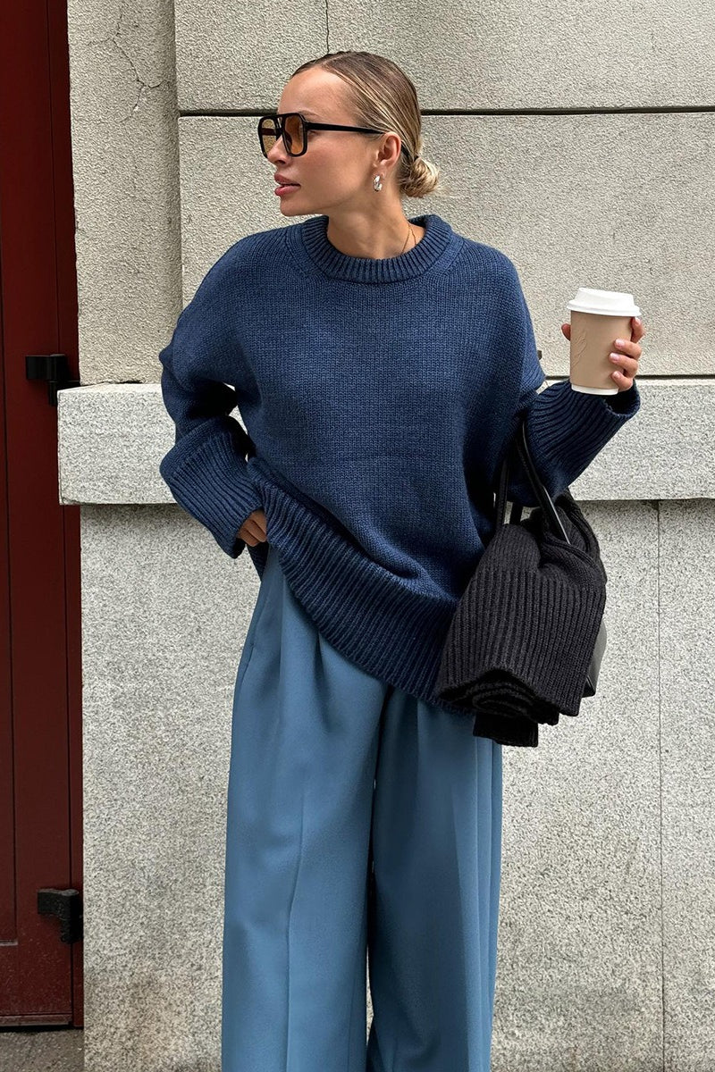 Classic Solid Crew Neck Relaxed Knit Sweater - Image 6