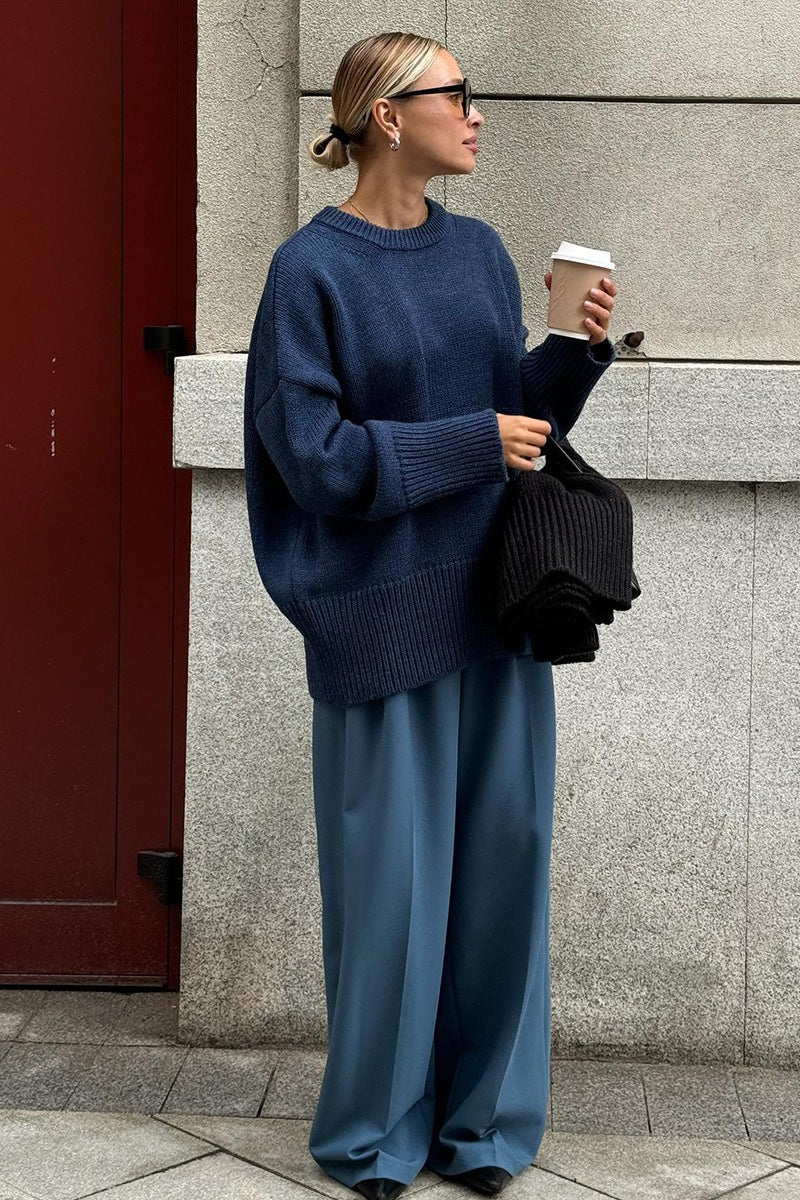 Classic Solid Crew Neck Relaxed Knit Sweater - Image 8